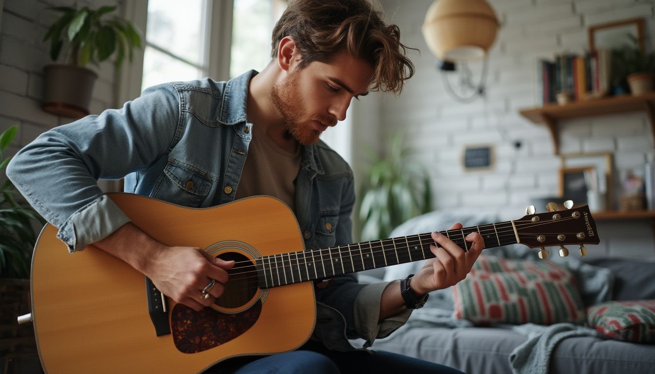 Handsome man plays guitar